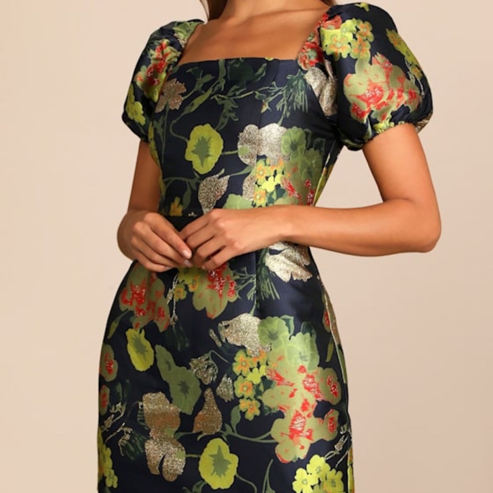 Lulus So Stunning Navy Blue Floral Jacquard Puff Sleeve Mini Dress - Size XL